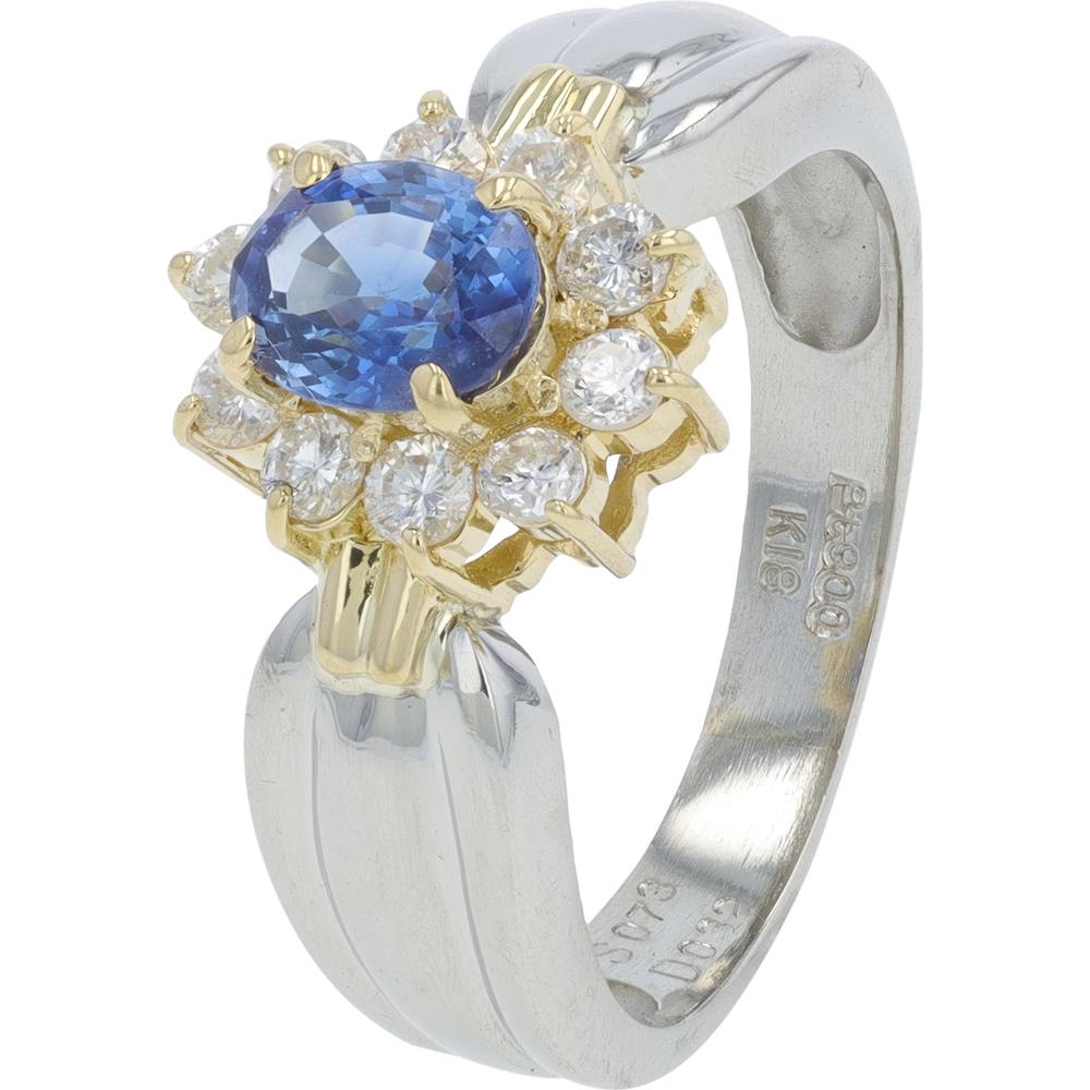18K Yellow Gold and Platinum Ring with 0.73 Carat Oval Sapphire and 0.32 Carat Total Diamond Halo