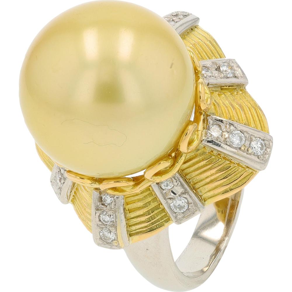 18K Yellow Gold and Platinum Ring with 15mm Golden South Sea Pearl and 0.27 Carat Diamond Accents