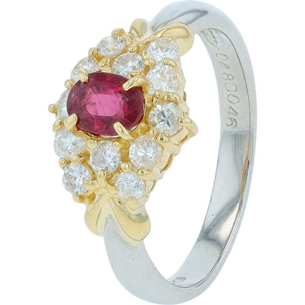 18K Yellow Gold & Platinum Ruby Ring with Diamond Halo - 0.48 Carat Ruby, 0.46 Carat Total Diamond Weight