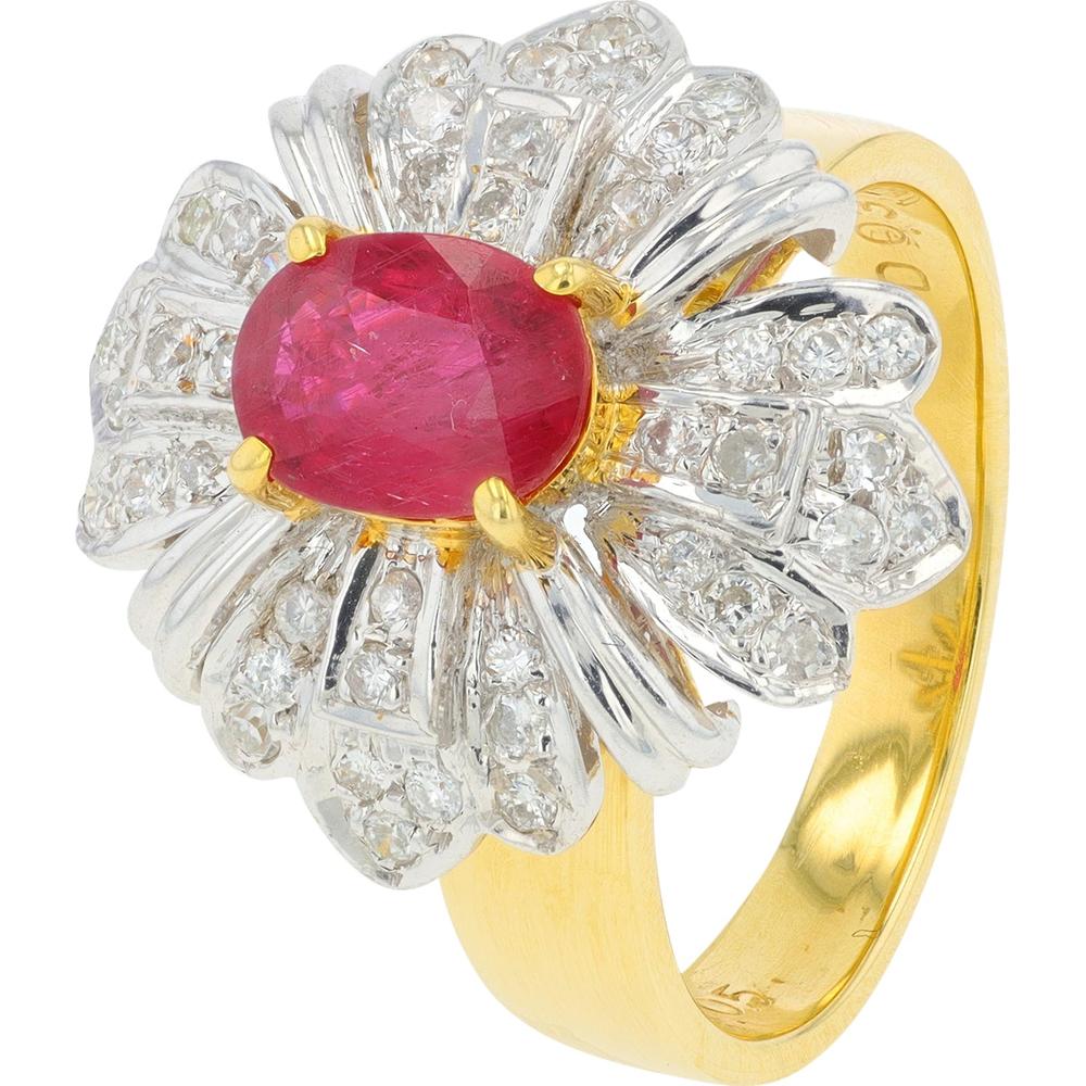 18K Yellow Gold and Platinum Ruby Ring with Diamond Halo - 1.05 Carat Ruby, 0.31 Carat Total Diamond Weight