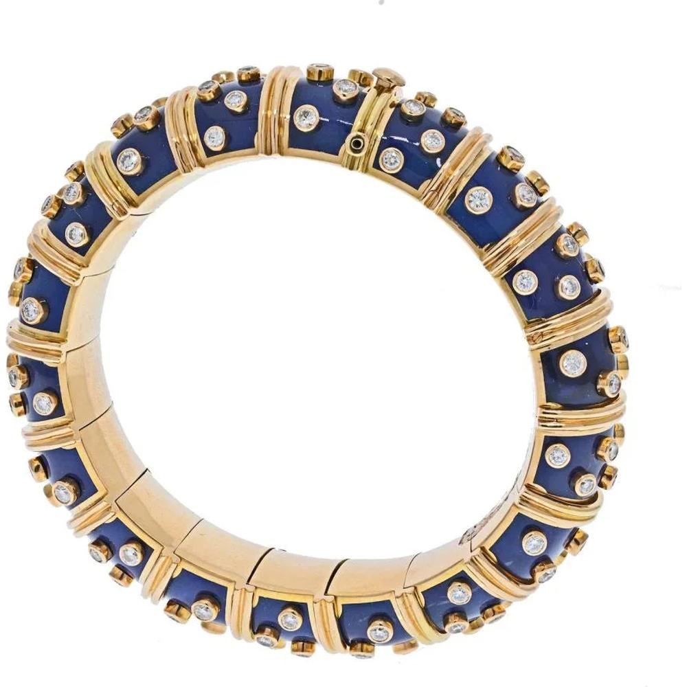 18K Yellow Gold & Platinum Schlumberger Blue Enamel Bangle with 6.50 Carats Round Diamonds