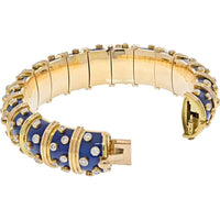 18K Yellow Gold & Platinum Schlumberger Blue Enamel Bangle with 6.50 Carats Round Diamonds