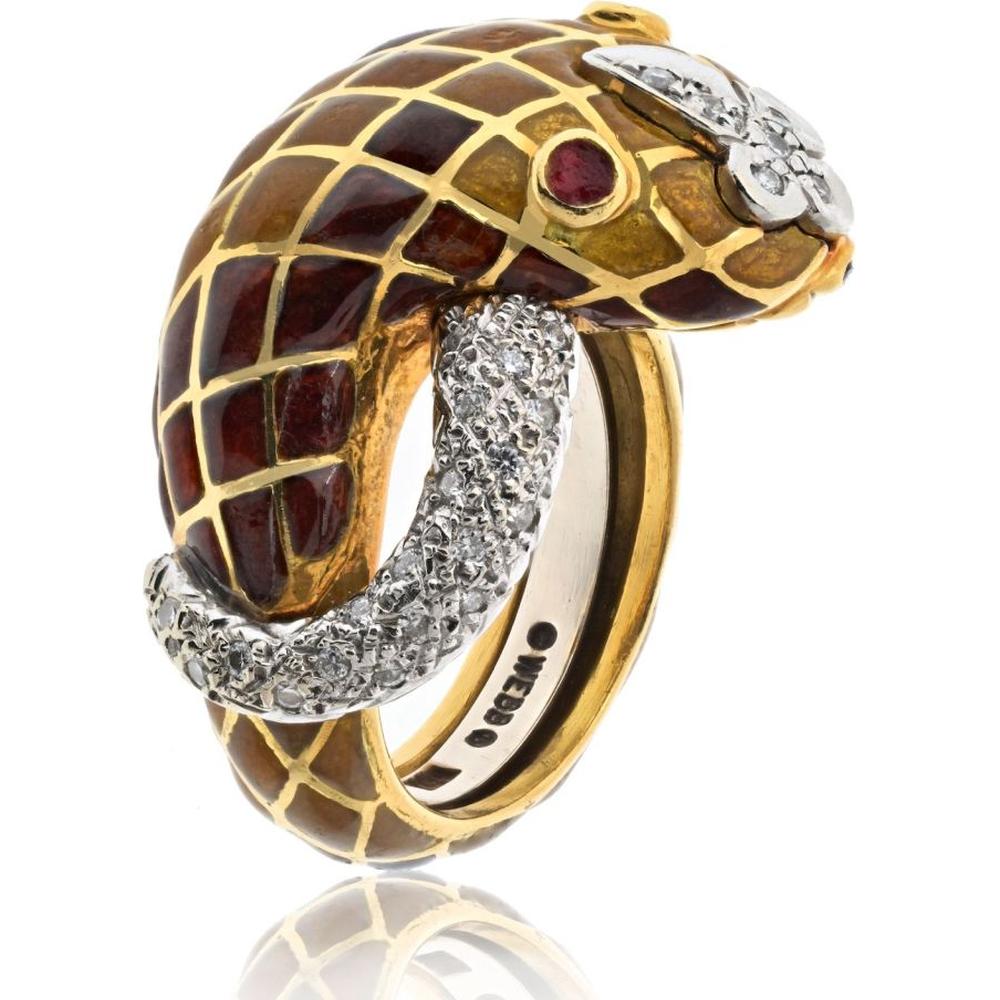 18K Yellow Gold and Platinum Snake Ring with Rubies and Diamonds by David Webb - 0.25 Carat Total Diamond Weight