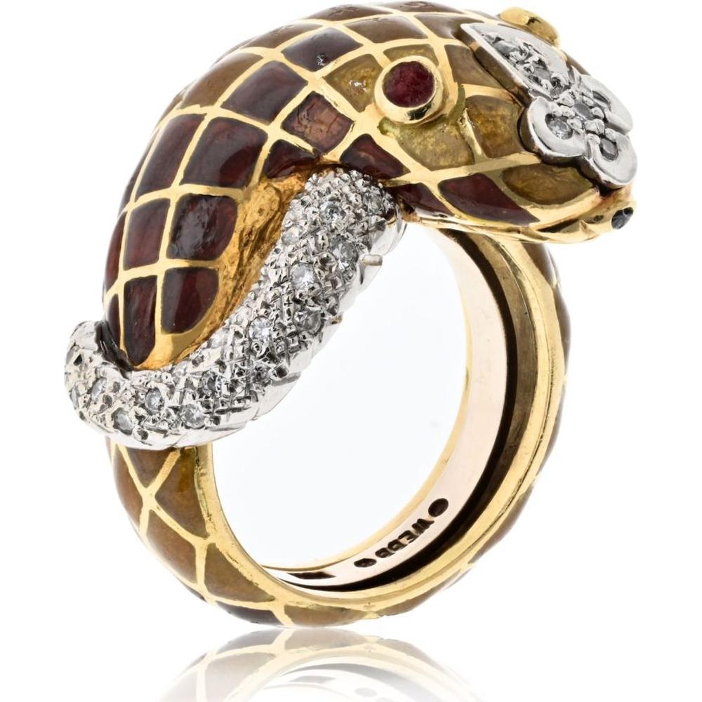 18K Yellow Gold and Platinum Snake Ring with Rubies and Diamonds by David Webb - 0.25 Carat Total Diamond Weight