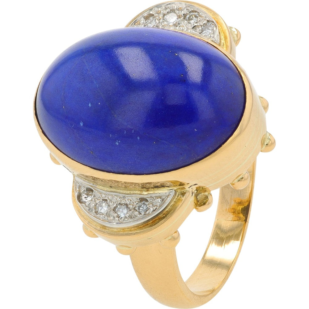 18K Yellow Gold and Platinum Statement Ring with Oval Lapis Lazuli Cabochon and 0.08 Carat Diamond Accents