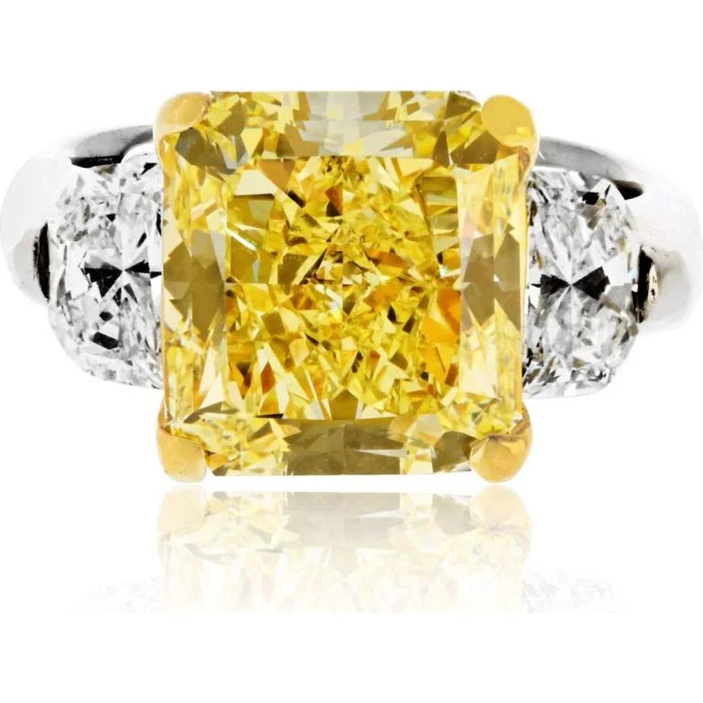 18K Yellow Gold & Platinum Three-Stone Ring with 7.20 Carats Radiant Fancy Intense Yellow Diamond and 1.81 Carats Half-Moon White Diamonds