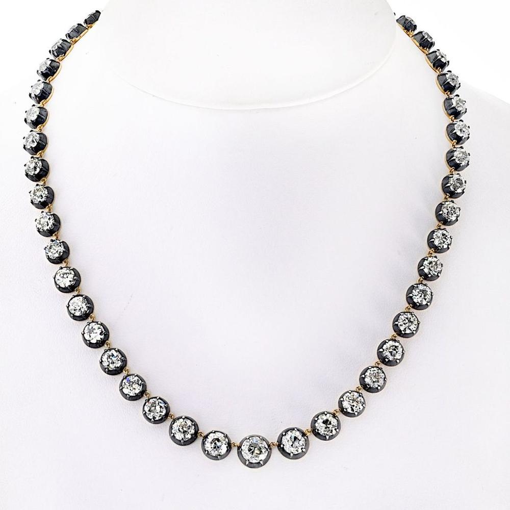 18K Yellow Gold and Silver 18-Inch Necklace with 50 Old European Cut Diamonds - 40.01 Carat  Total Diamond Weight