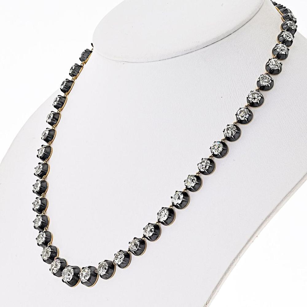 18K Yellow Gold and Silver 18-Inch Necklace with 50 Old European Cut Diamonds - 40.01 Carat  Total Diamond Weight