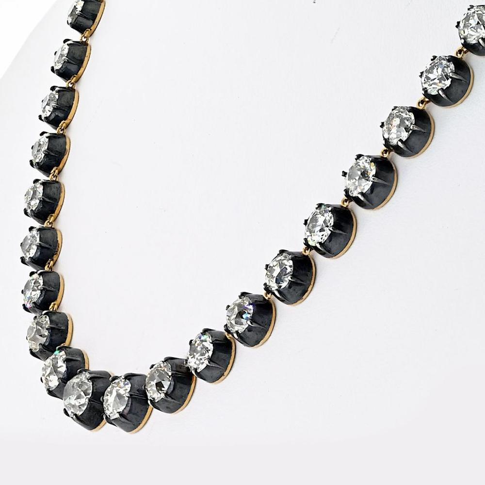 18K Yellow Gold and Silver 18-Inch Necklace with 50 Old European Cut Diamonds - 40.01 Carat  Total Diamond Weight