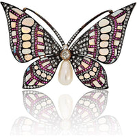 18K Yellow Gold & Silver Butterfly Brooch with Light Blue Opals, Rubies, Baroque Pearl & Old Mine-Cut Diamond