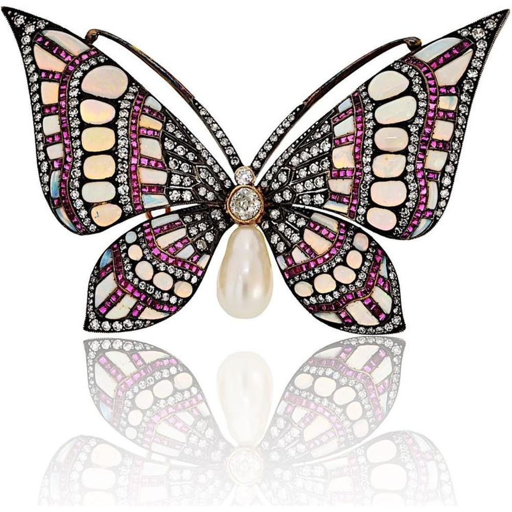 18K Yellow Gold & Silver Butterfly Brooch with Light Blue Opals, Rubies, Baroque Pearl & Old Mine-Cut Diamond