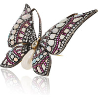 18K Yellow Gold & Silver Butterfly Brooch with Light Blue Opals, Rubies, Baroque Pearl & Old Mine-Cut Diamond