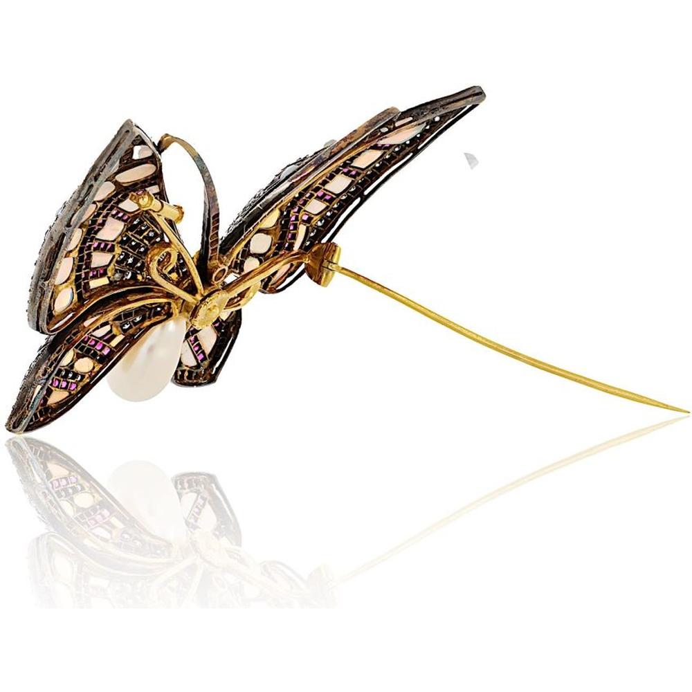 18K Yellow Gold & Silver Butterfly Brooch with Light Blue Opals, Rubies, Baroque Pearl & Old Mine-Cut Diamond