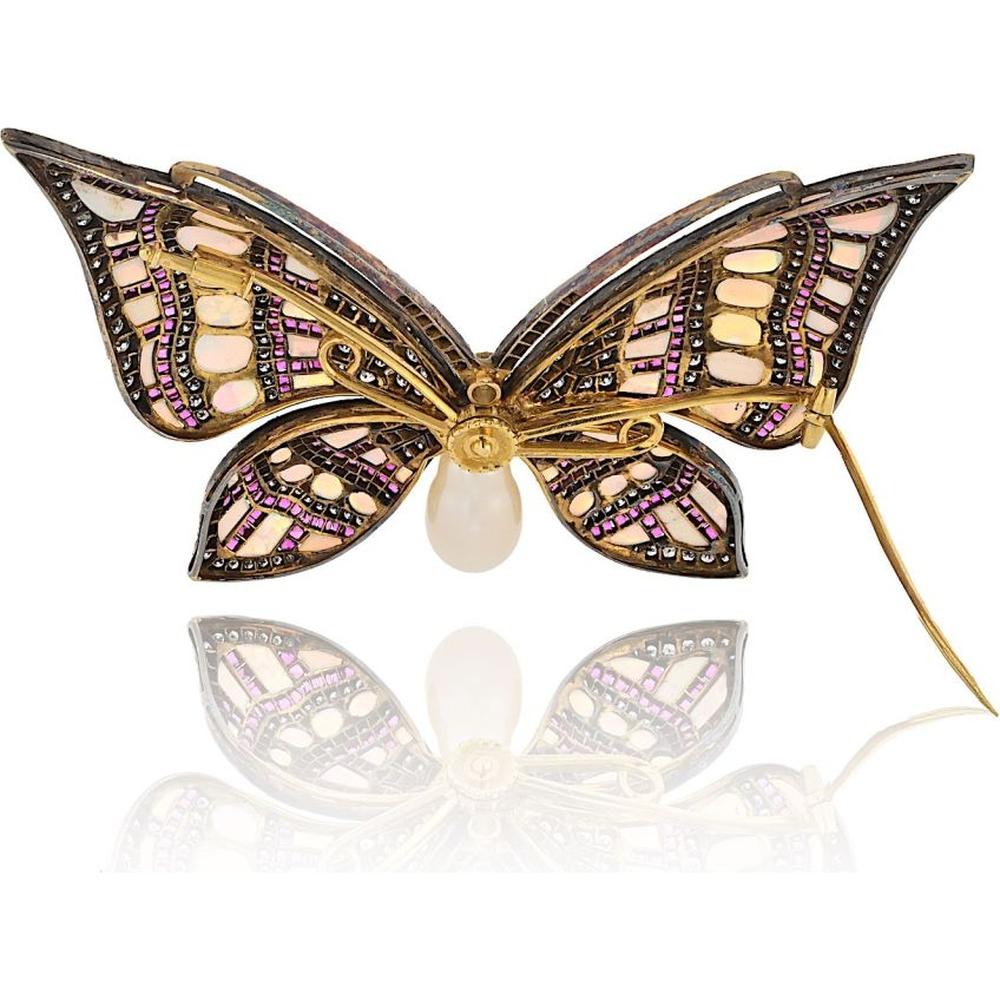18K Yellow Gold & Silver Butterfly Brooch with Light Blue Opals, Rubies, Baroque Pearl & Old Mine-Cut Diamond