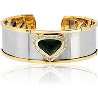 18K Yellow Gold and Stainless Steel Cuff Bracelet with Cabochon-Cut Green Emerald and Baguette Diamonds - Marina B Signature Design