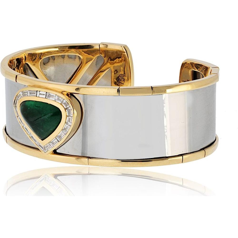 18K Yellow Gold and Stainless Steel Cuff Bracelet with Cabochon-Cut Green Emerald and Baguette Diamonds - Marina B Signature Design
