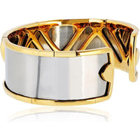 18K Yellow Gold and Stainless Steel Cuff Bracelet with Cabochon-Cut Green Emerald and Baguette Diamonds - Marina B Signature Design