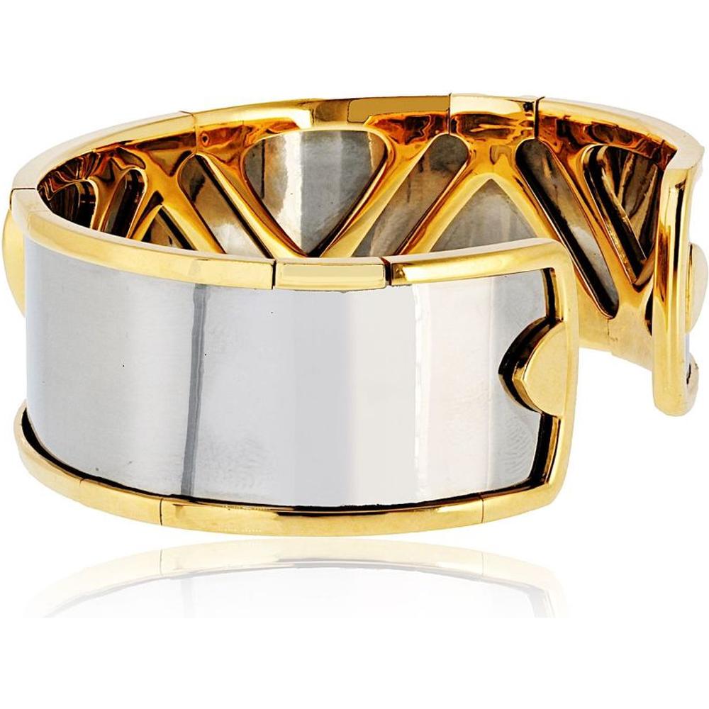 18K Yellow Gold and Stainless Steel Cuff Bracelet with Cabochon-Cut Green Emerald and Baguette Diamonds - Marina B Signature Design