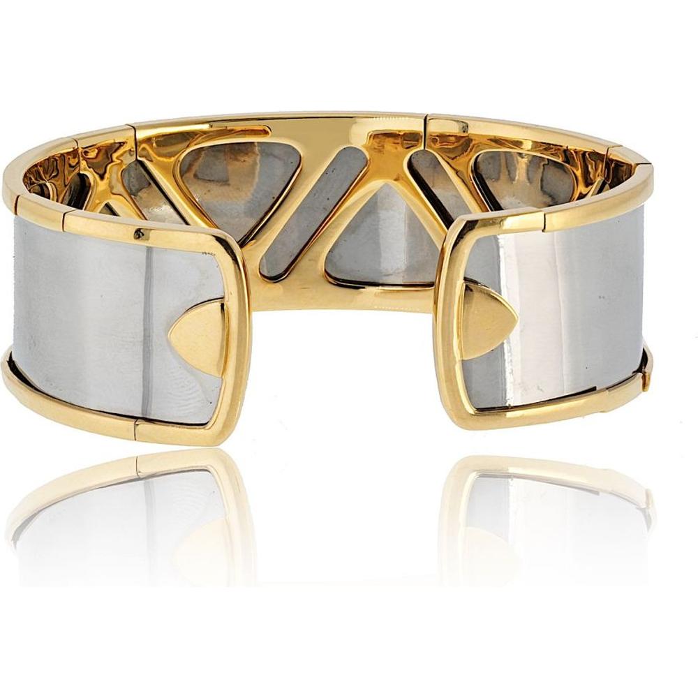 18K Yellow Gold and Stainless Steel Cuff Bracelet with Cabochon-Cut Green Emerald and Baguette Diamonds - Marina B Signature Design