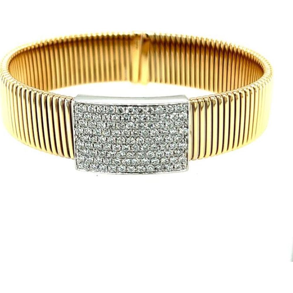 18K Yellow Gold and White Gold Diamond Bangle Bracelet with Pavé Diamond Center Plate by Afarin