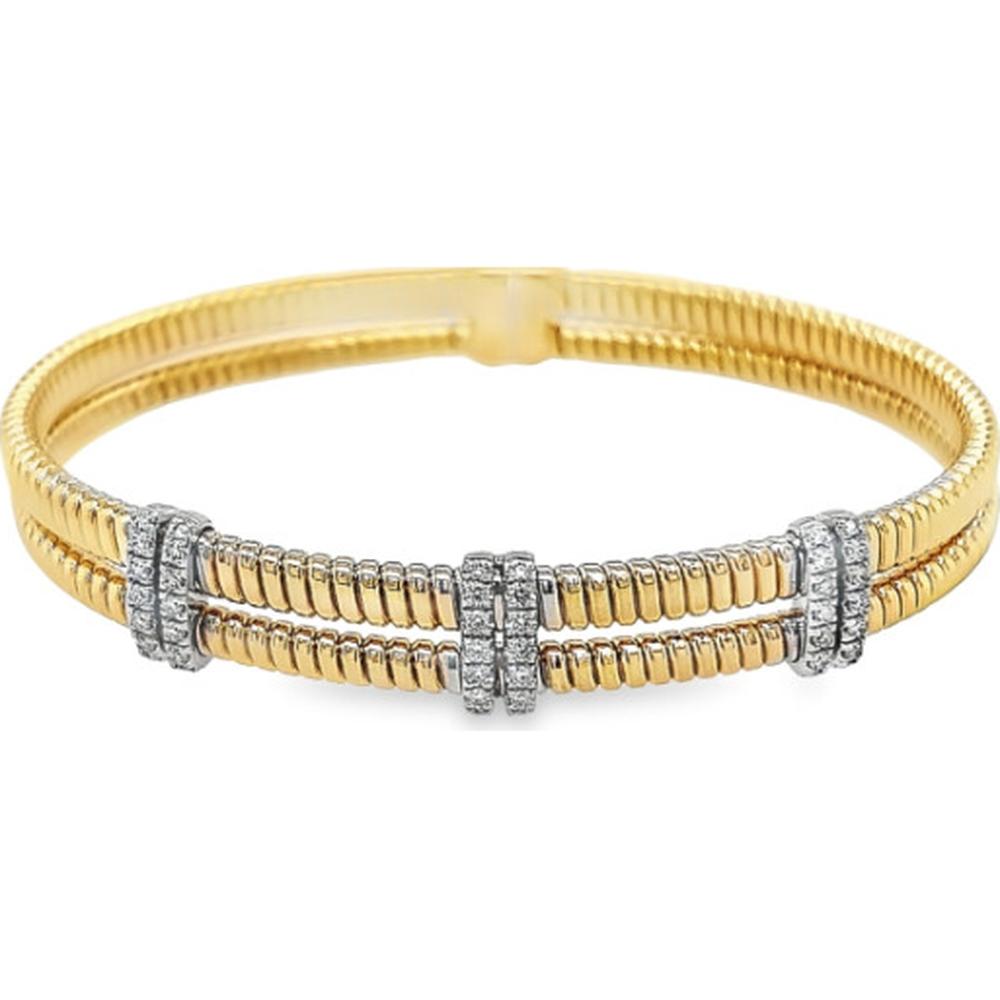 18K Yellow Gold and White Gold Diamond Bangle Bracelet with Textured Gold Ribbed Design by Afarin