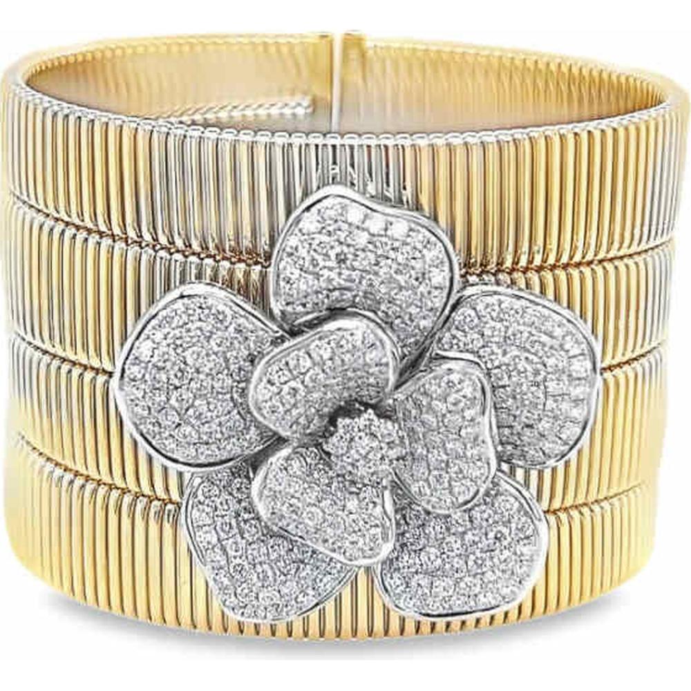 18K Yellow Gold and White Gold Diamond Flower Bangle Bracelet by Afarin