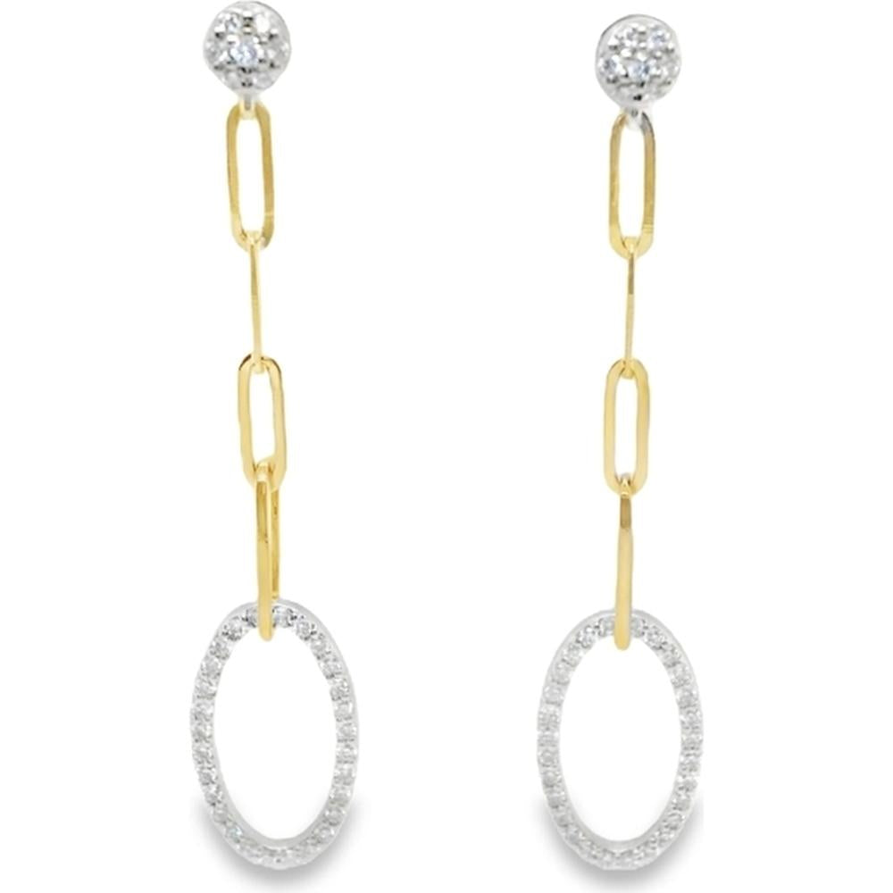 18K Yellow Gold and White Gold Diamond Link Drop Earrings with Round Diamond Tops and Oval Diamond Drops by Afarin