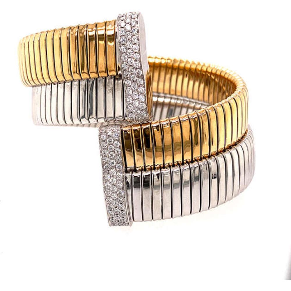 18K Yellow Gold and White Gold Diamond Ribbed Bangle Bracelet by Afarin