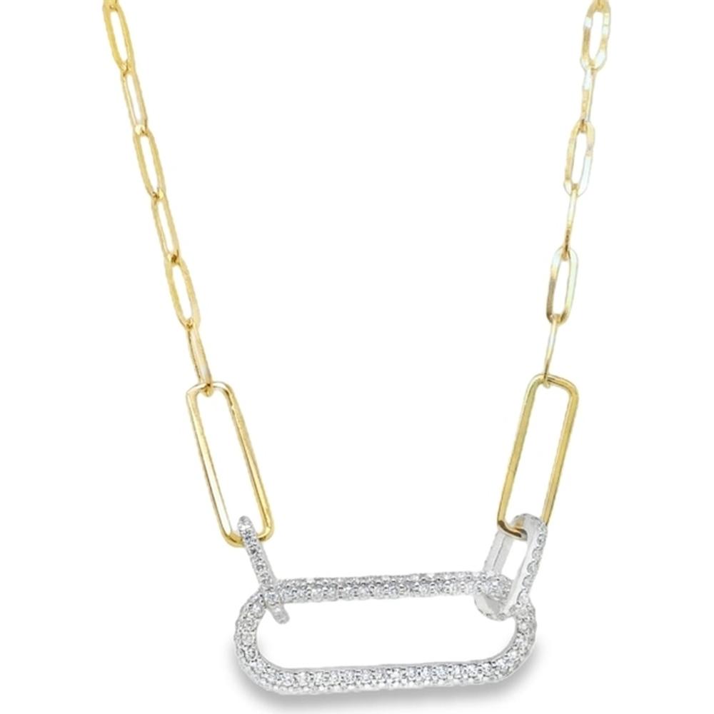 18K Yellow Gold and White Gold Geometric Link Necklace with Pavé Set Round Diamonds by Afarin
