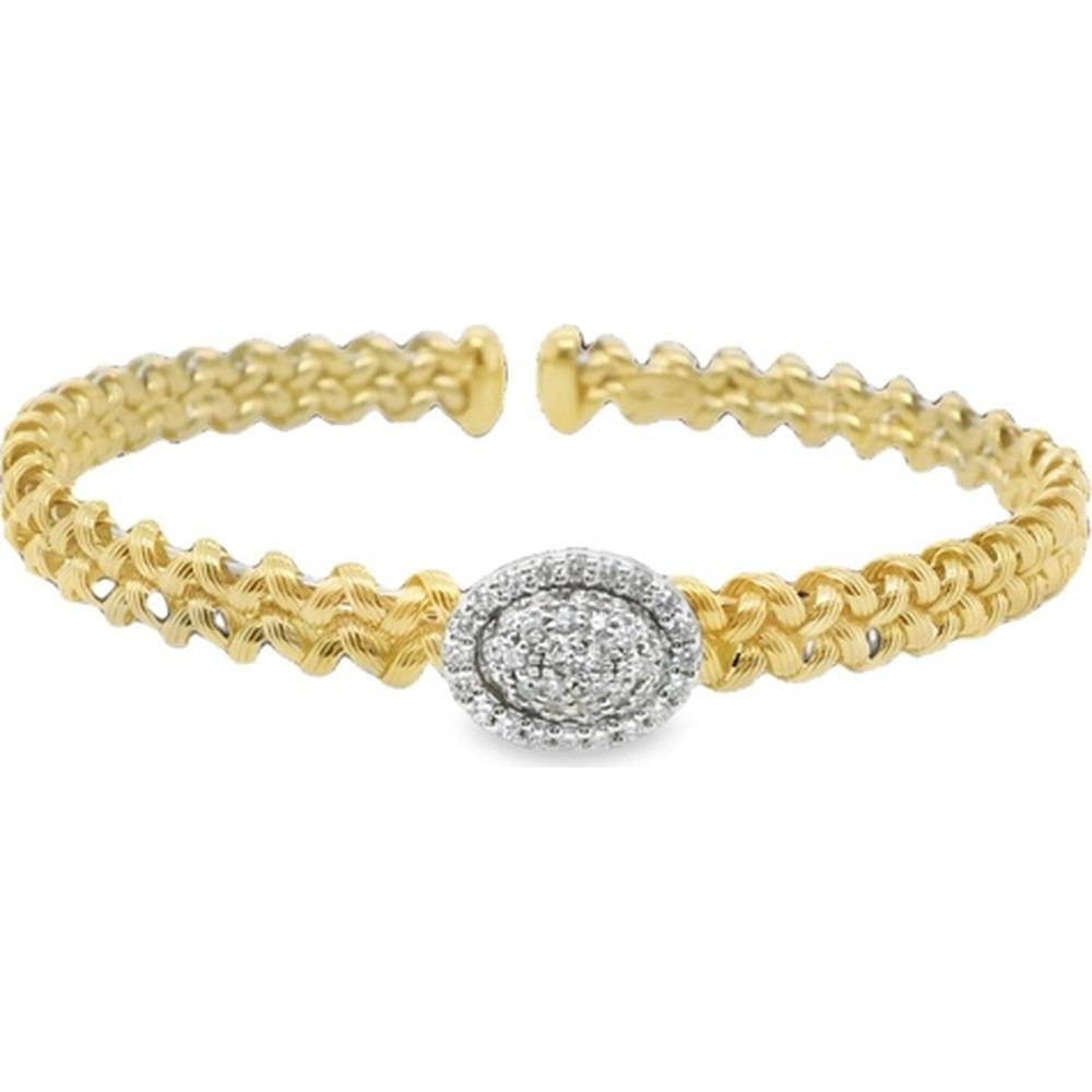18K Yellow Gold and White Gold Open Bangle Bracelet with Oval Diamond Halo Center by Afarin