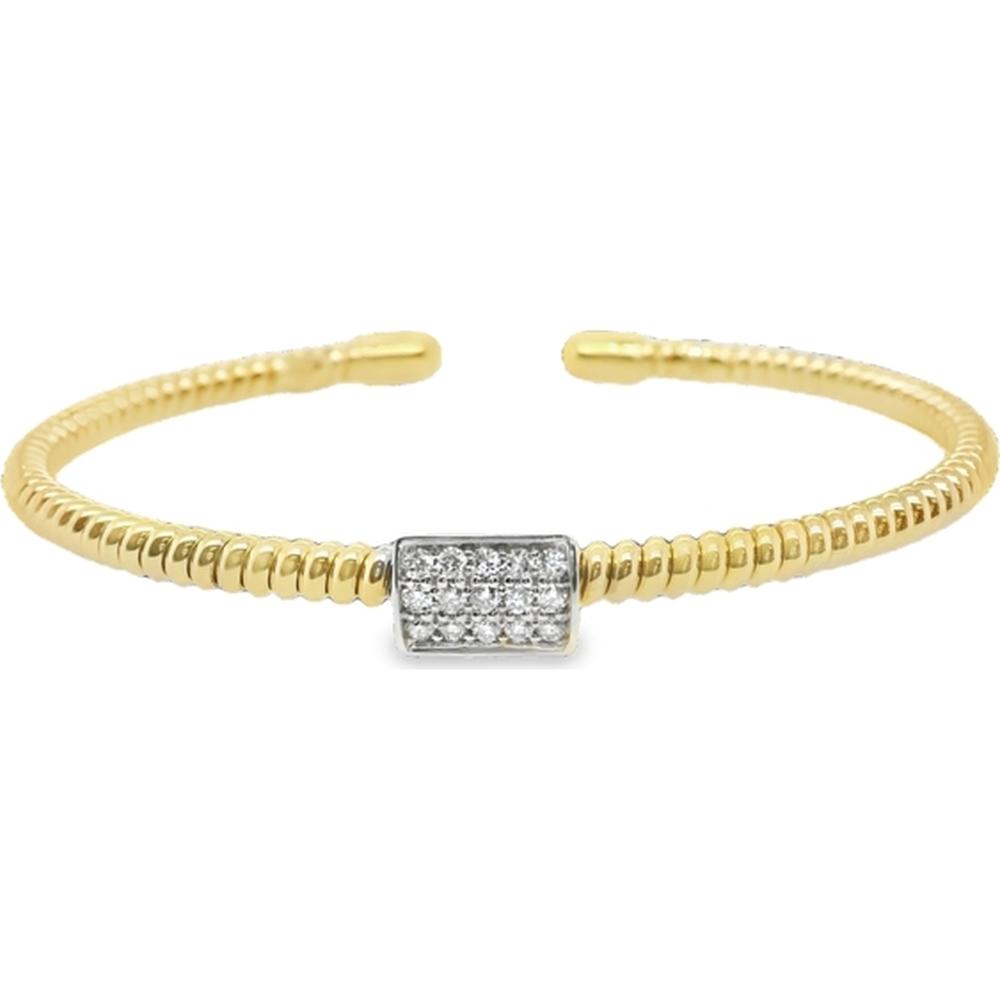 18K Yellow Gold and White Gold Open Bangle Bracelet with Pave Set Round Diamonds by Afarin