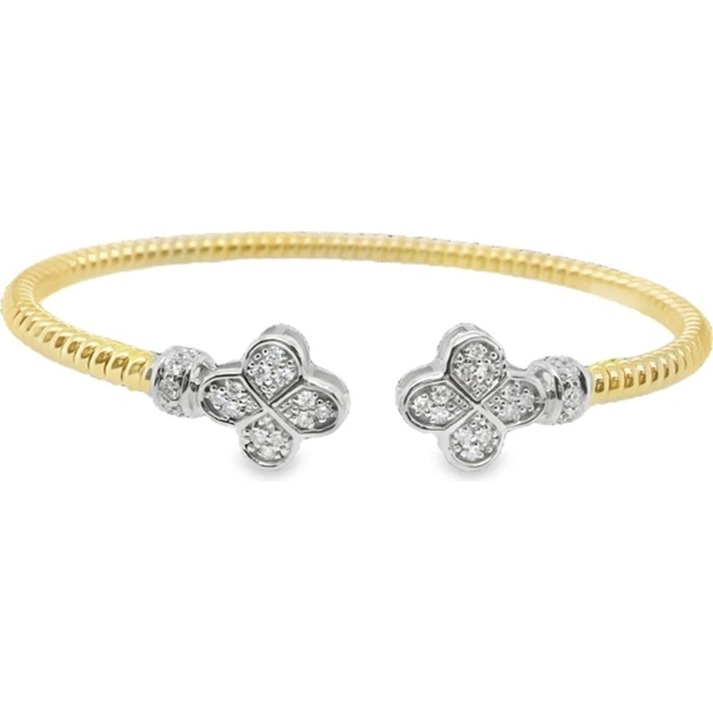 18K Yellow Gold and White Gold Open Diamond Bangle Bracelet with Floral Motif Accents by Afarin