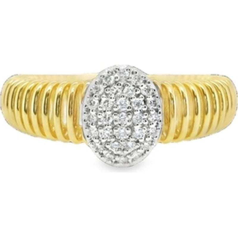 18K Yellow Gold and White Gold Ribbed Band Ring with Oval Diamond Clus ...