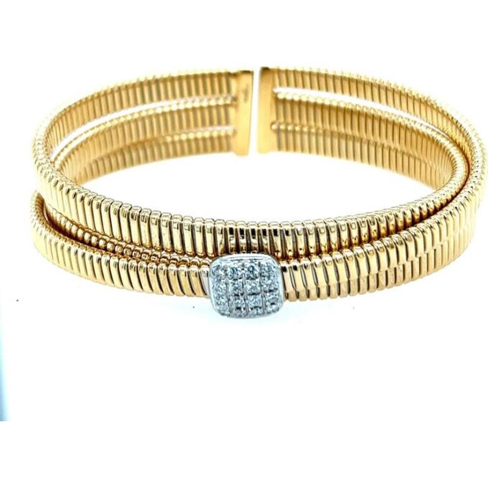 18K Yellow Gold and White Gold Ribbed Diamond Bangle Bracelet with Cushion-Shaped Diamond Center by Afarin