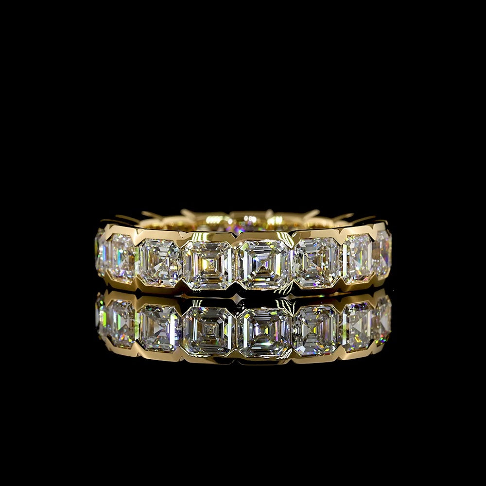 18K Yellow Gold Asscher Cut Lab Diamond Eternity Band - 4.99 Carat Total Weight, Half Bezel Set, E-F Color VS Clarity - Covaloro Fine Jewelry