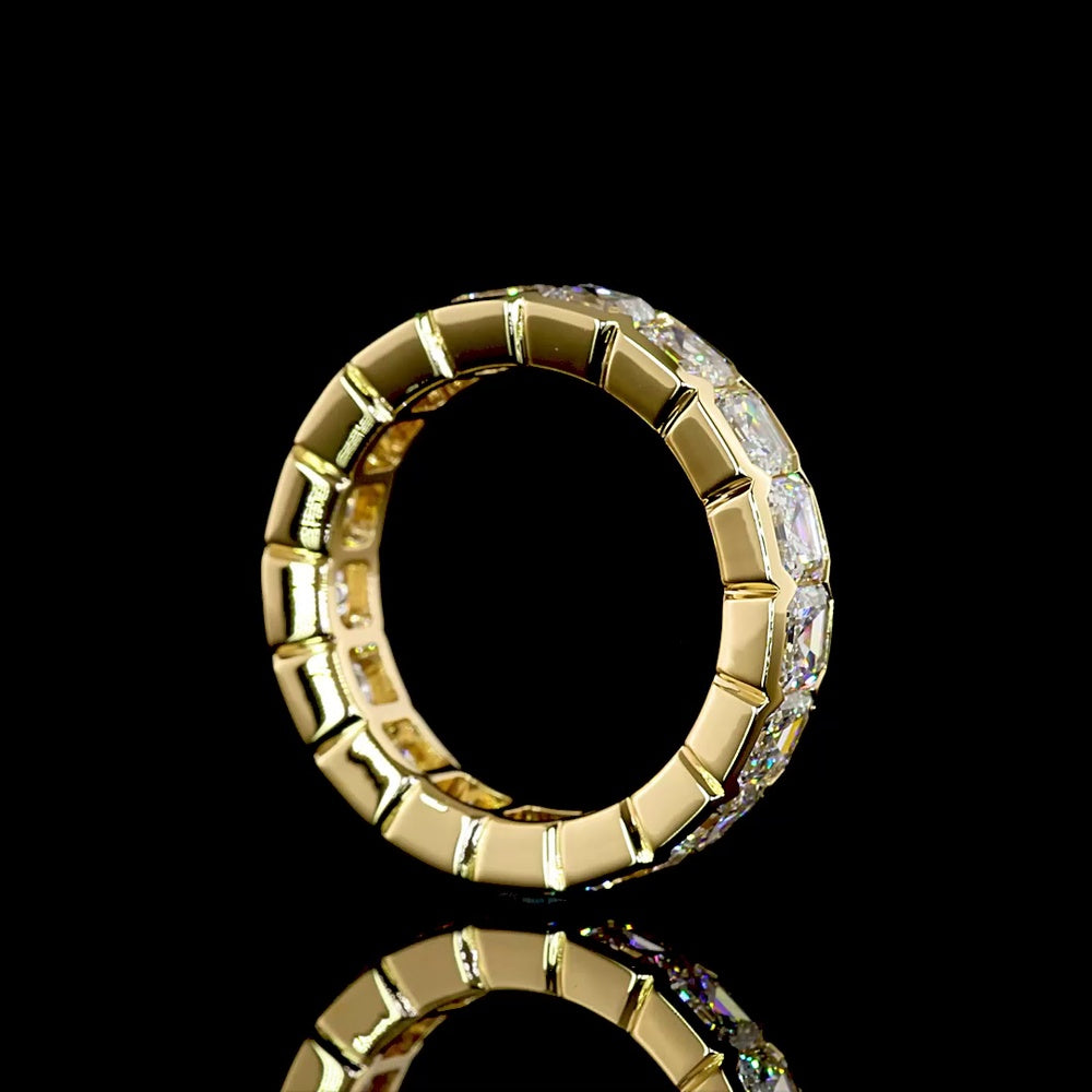 18K Yellow Gold Asscher Cut Lab Diamond Eternity Band - 4.99 Carat Total Weight, Half Bezel Set, E-F Color VS Clarity - Covaloro Fine Jewelry