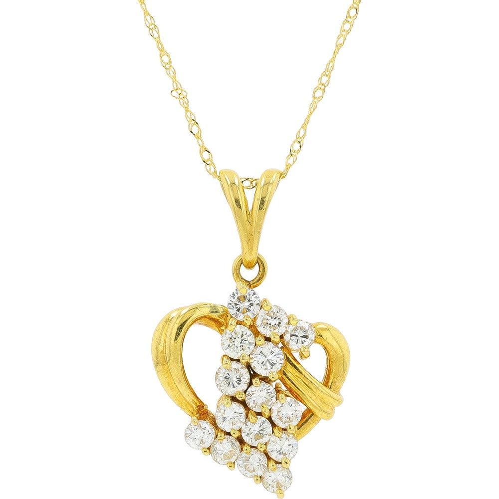 18K Yellow Gold Asymmetrical Heart Pendant with Prong-Set Round Diamonds - 1.00 Carat Total Diamond Weight
