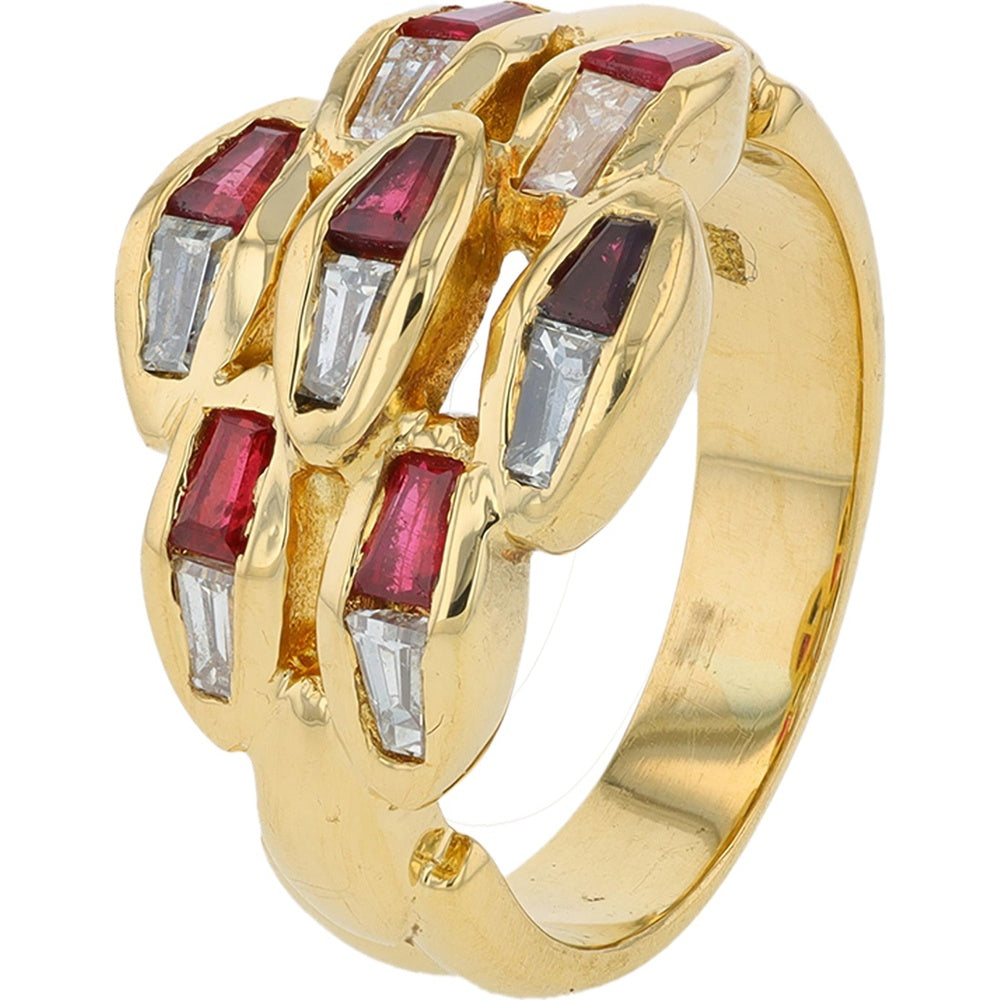 18K Yellow Gold Baguette Ruby and Diamond Cluster Ring - 0.70 Carat Total Ruby Weight and 0.50 Carat Total Diamond Weight