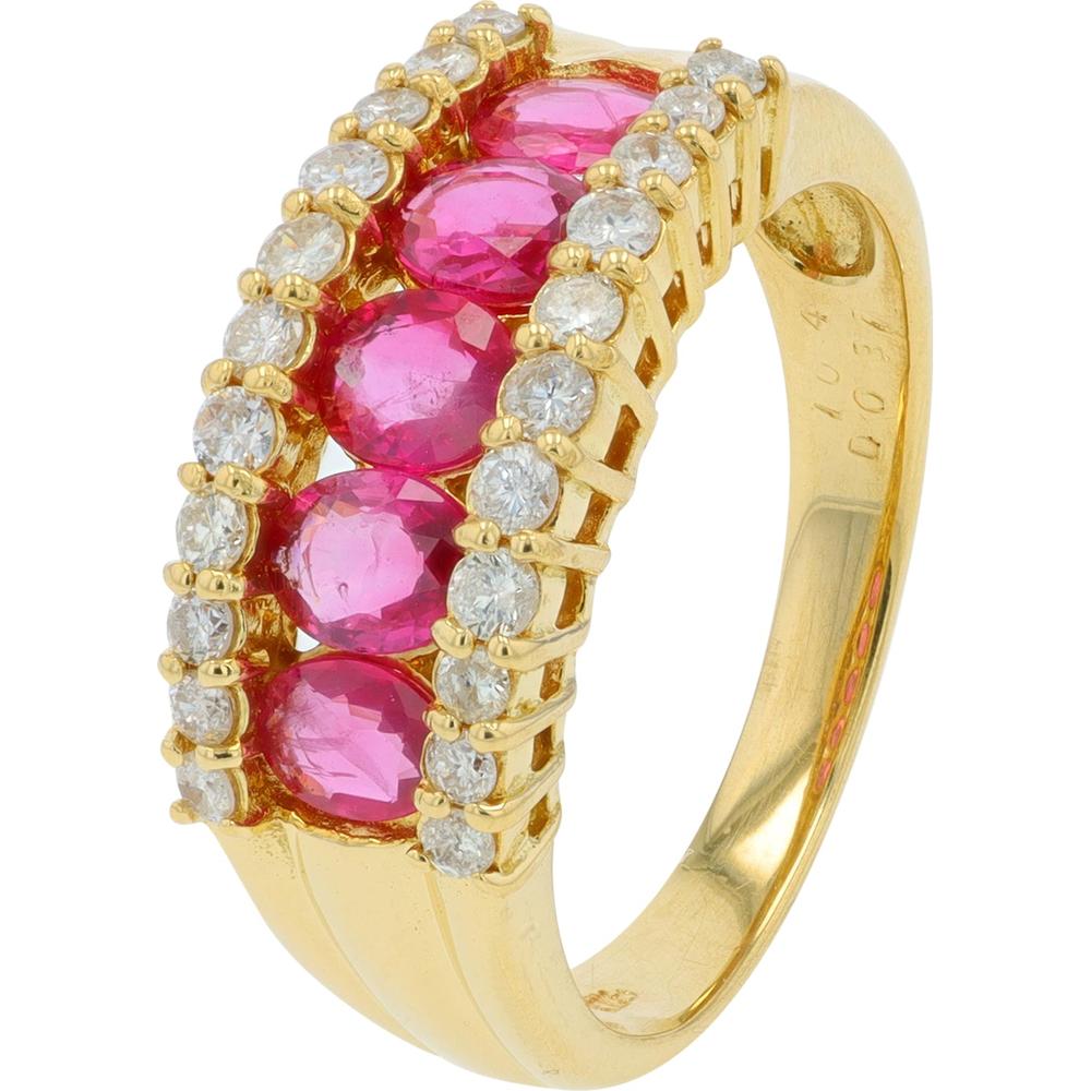 18K Yellow Gold Band Ring with 1.04 Carat Oval Rubies and 0.37 Carat Round Diamond Accents