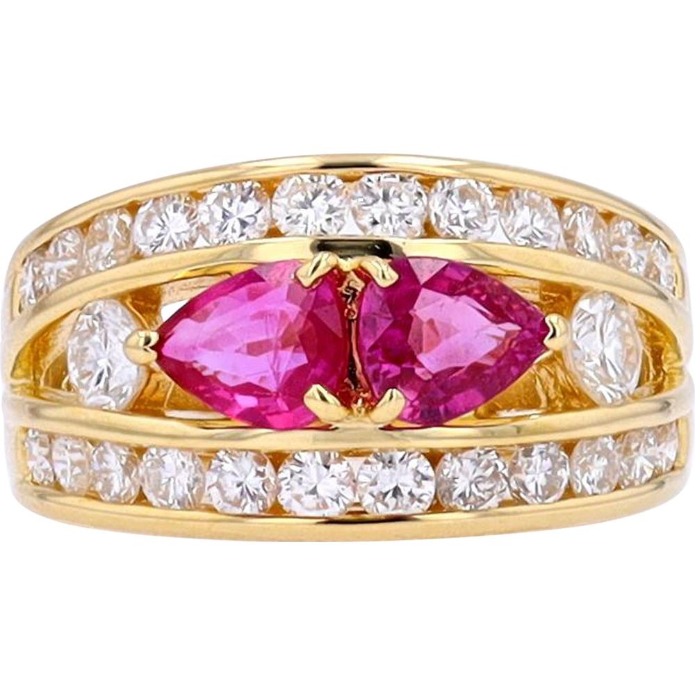 18K Yellow Gold Band Ring with 1.13 Carat Marquise Ruby and 1.09 Carat Round Diamond Accents