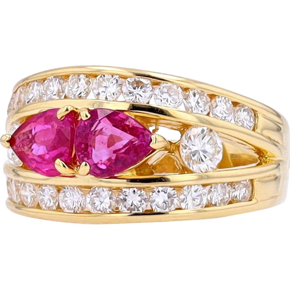 18K Yellow Gold Band Ring with 1.13 Carat Marquise Ruby and 1.09 Carat Round Diamond Accents