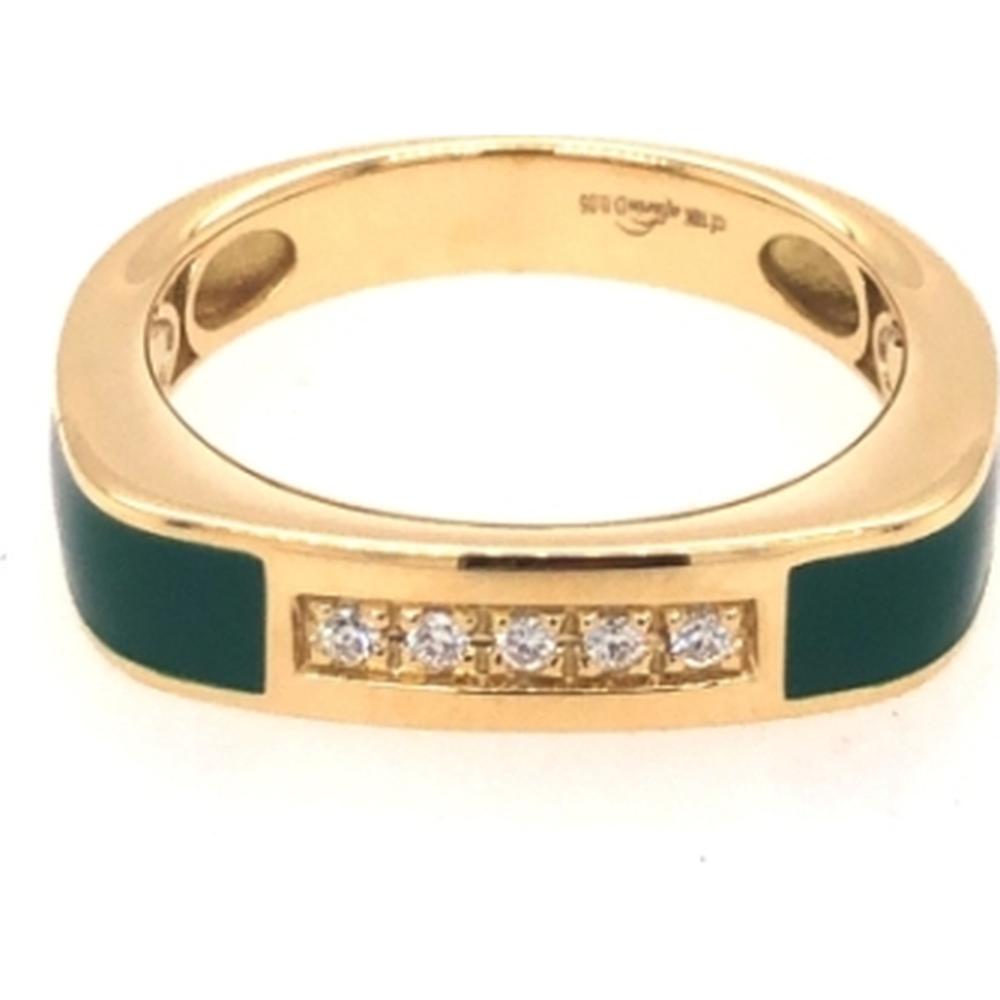 18K Yellow Gold Band Ring with Green Enamel and Round Diamonds by Afarin