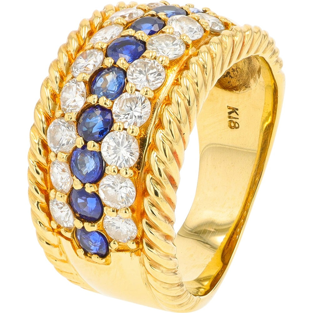18K Yellow Gold Band Ring with Oval Sapphires and Round Diamonds - 1.11 Carat Sapphire Weight and 0.89 Carat Diamond Weight