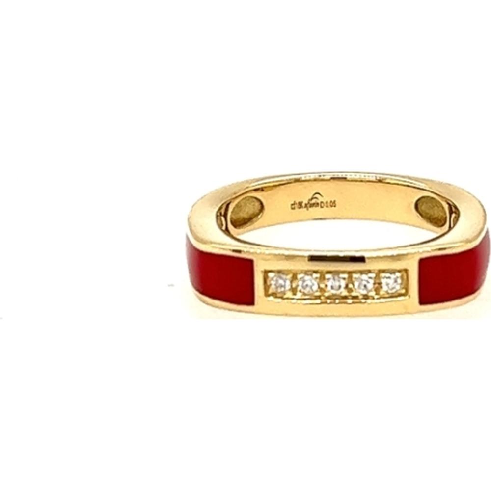 18K Yellow Gold Band Ring with Red Enamel and Round Diamonds by Afarin