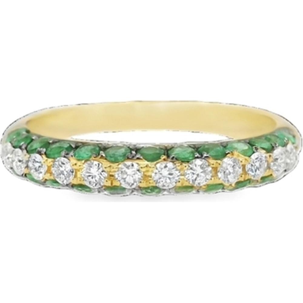 18K Yellow Gold Band Ring with Round Diamonds and Emerald Accents by Afarin