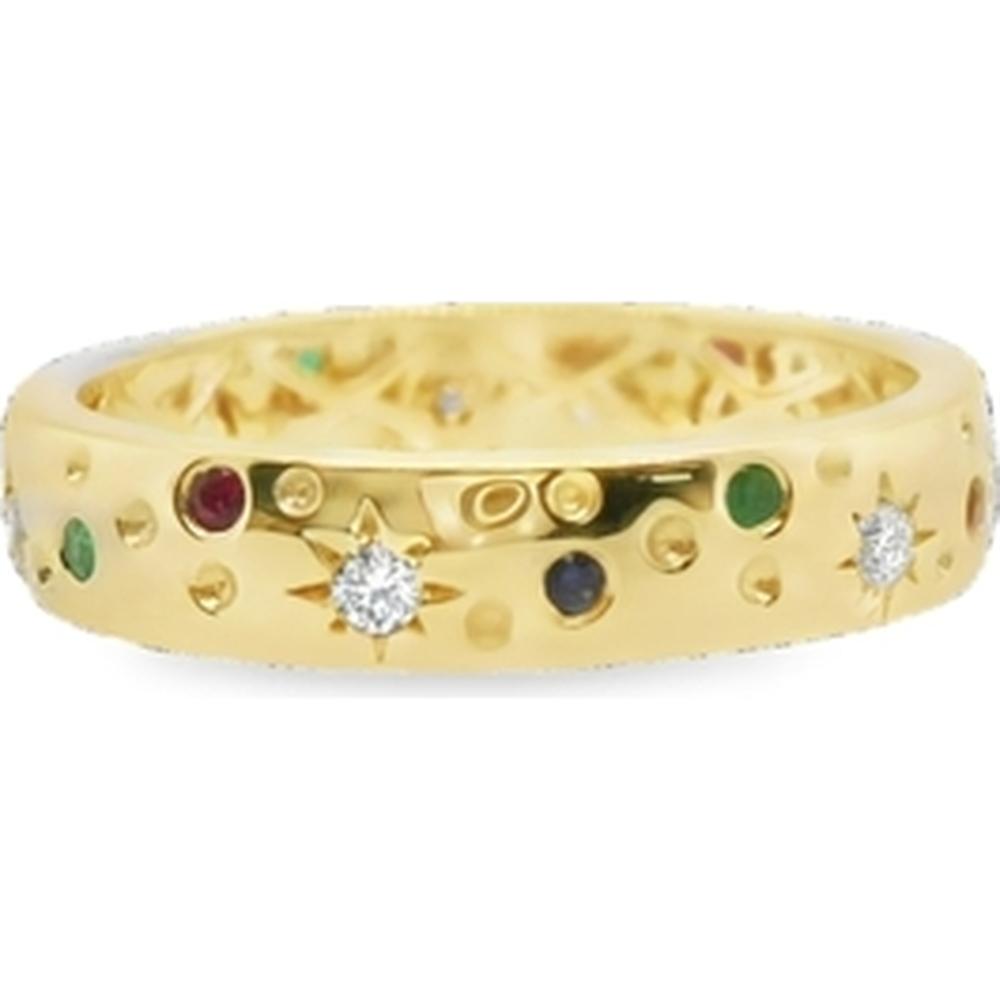 18K Yellow Gold Band Ring with Round Diamonds and Multicolor Sapphires by Afarin