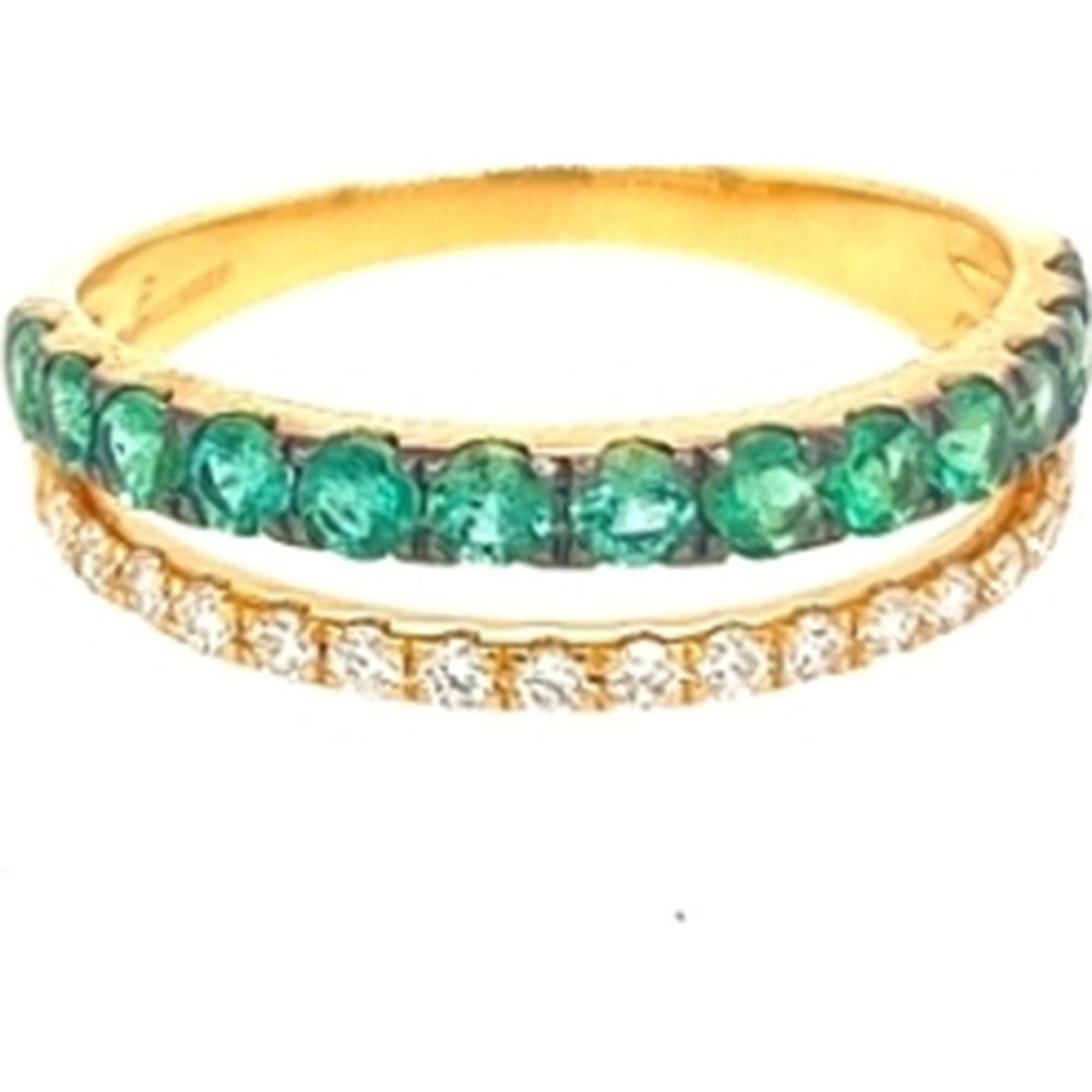 18K Yellow Gold Band Ring with Round Emeralds and Diamond Accent Row by Afarin