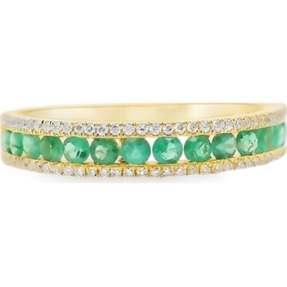 18K Yellow Gold Band Ring with Round Emeralds and Diamond Accents by Afarin