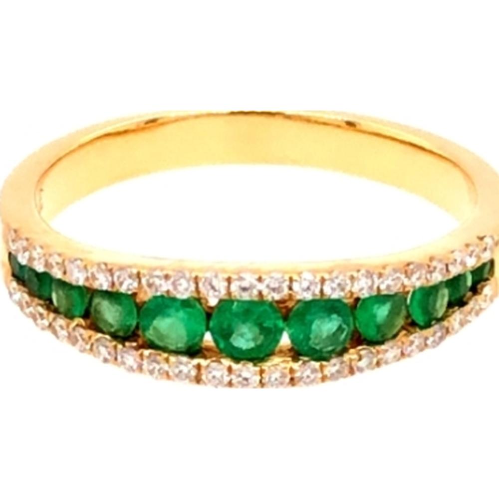 18K Yellow Gold Band Ring with Round Emeralds and Diamond Accents by Afarin