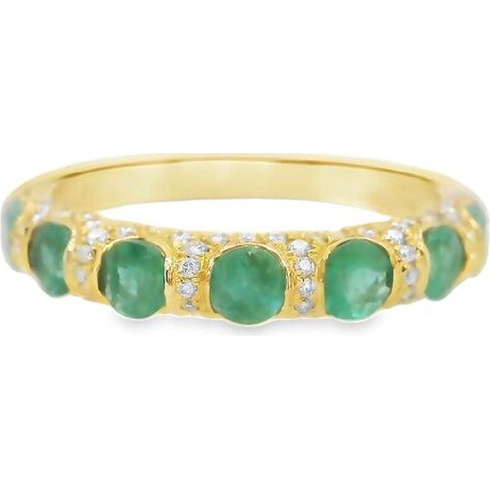 18K Yellow Gold Band Ring with Round Emeralds and Diamond Accents by Afarin